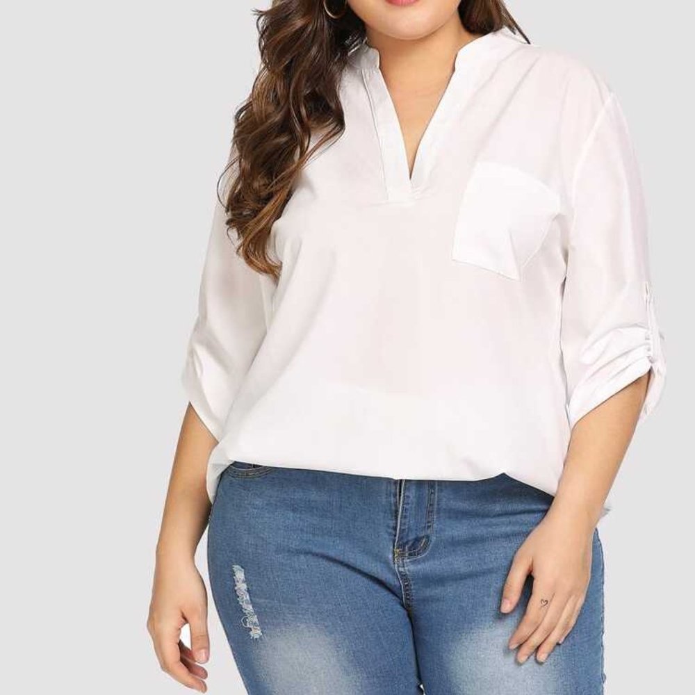 🆕NWT SHEIN/EMERY ROSE Plus Notched Neck Roll Tab Sleeve CURVE PLUS Blouse